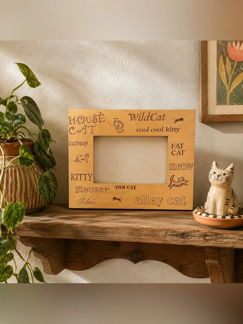 Vintage Cat Wood Picture Frame 4x6” LaserCraft Whimsical Kitty Decor Shelf Sit